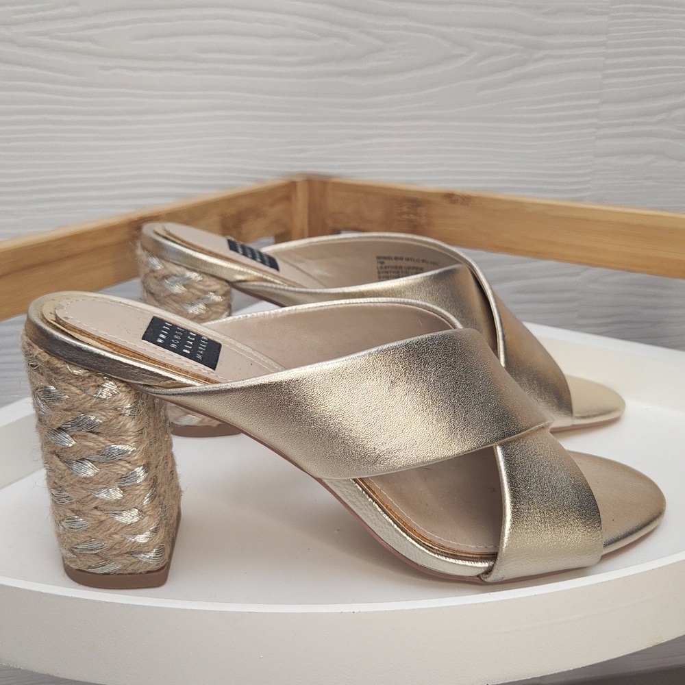 White House Black Market Winslow Gold Leather Slide Sandals Rope Heel Mule 7M - Picture 2 of 11